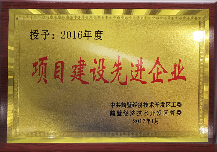 项目建设先进企业证书